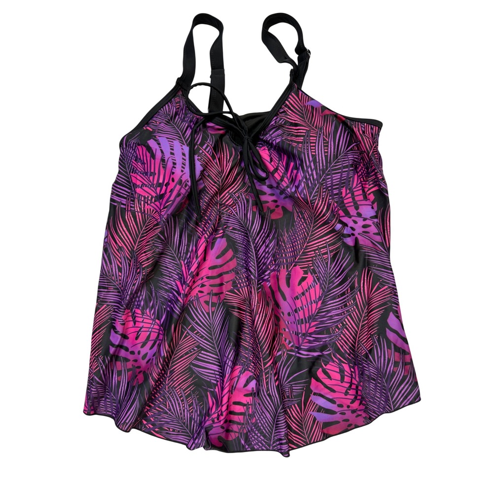 Daci Tankini Top Womens 14W Pink Purple New Tropical Palm Leaf Lace Up Hem
